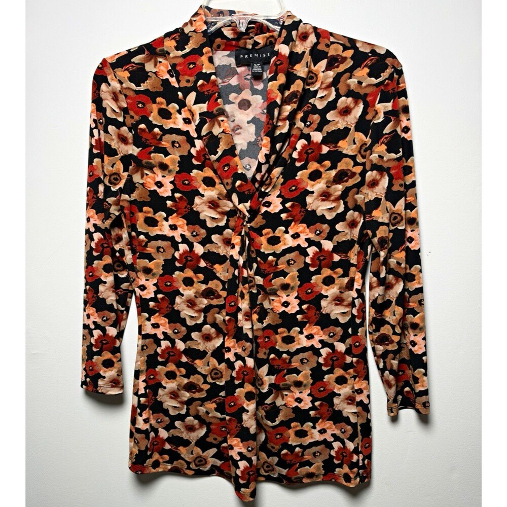 Premise Women’s S/P Black Floral Knit V-Neck Long Slv Ruffle Pullover Blouse